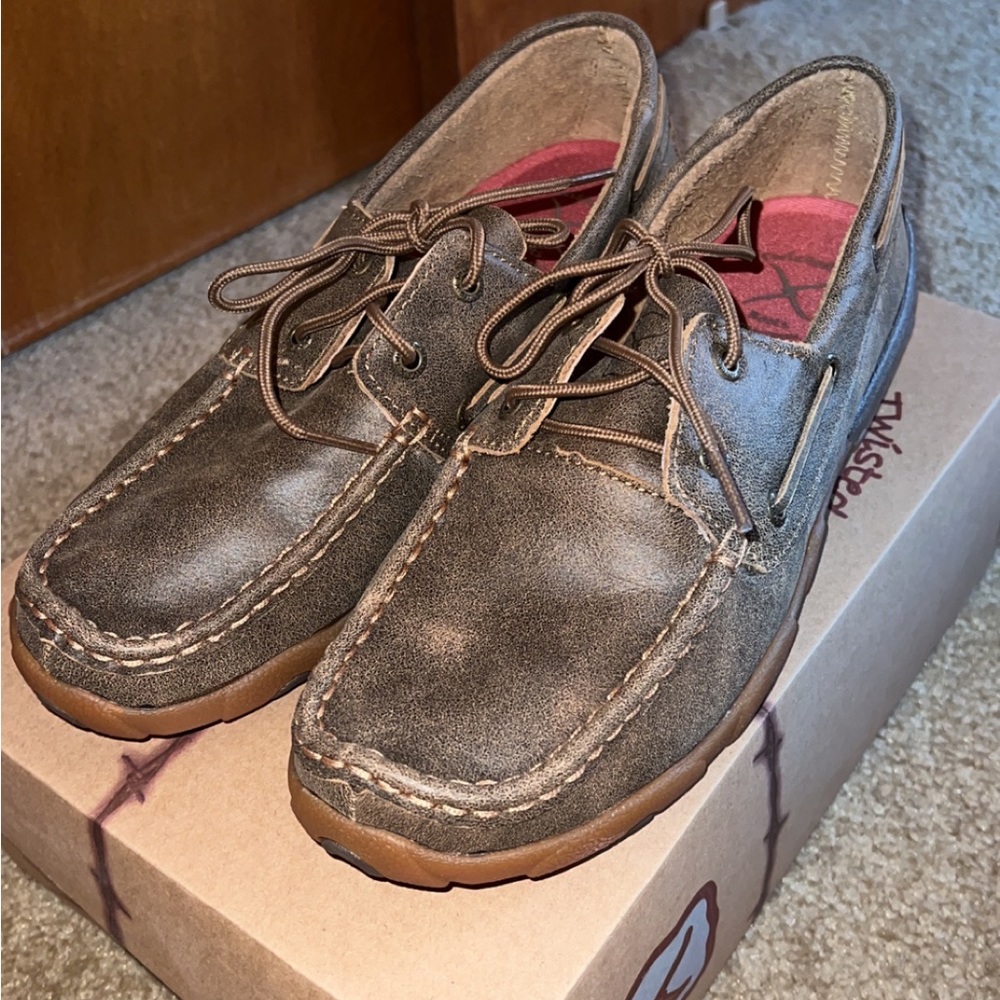 Twisted X Brown Moccasin Boat Shoes with Red Insoles